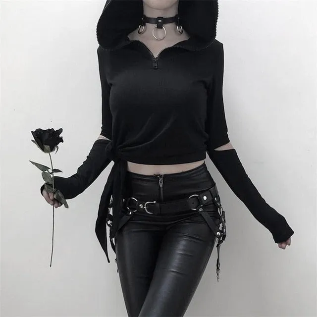Sexy Gothic Punk Hollow Lace Up Hooded Long Sleeve