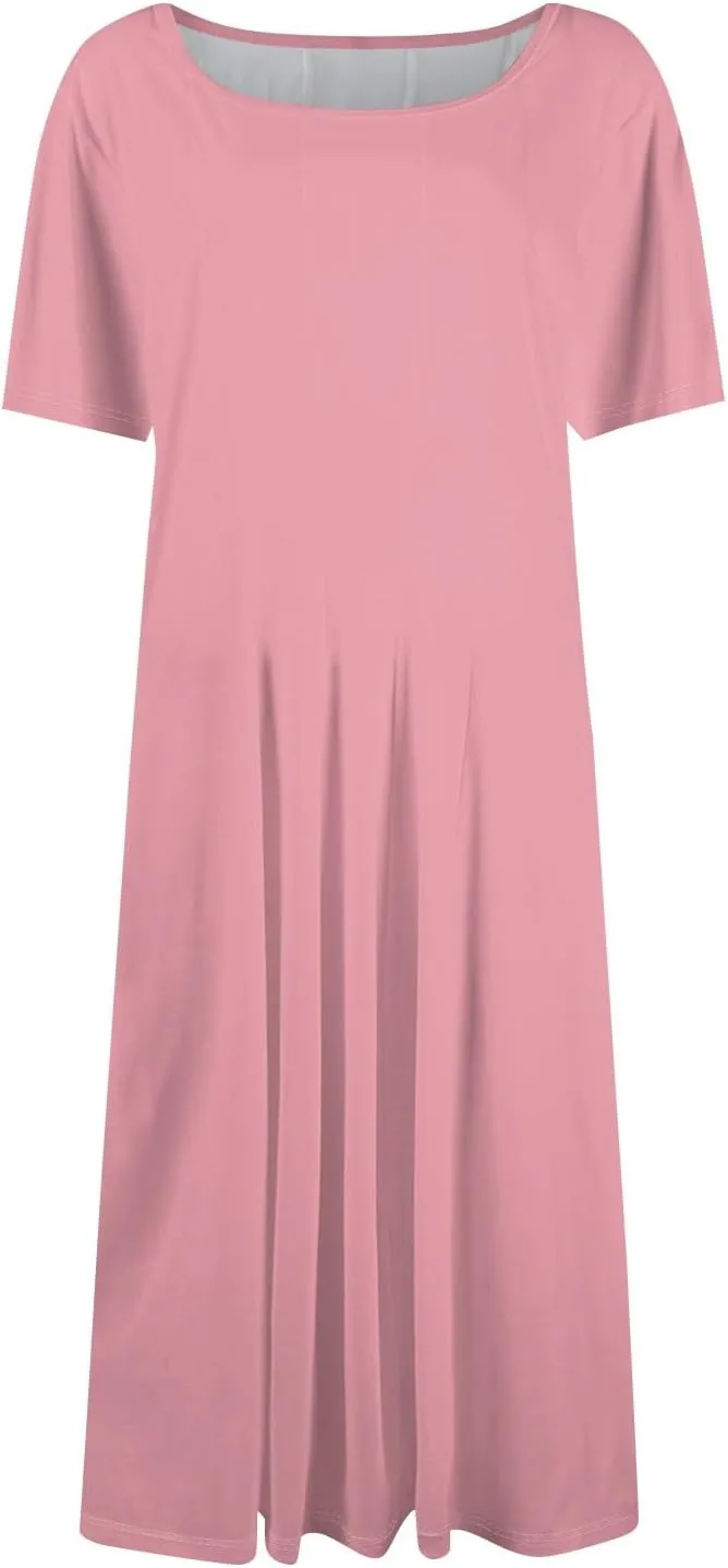 Shirt Dresses for Women Midi Ruched Summer Short Sleeve Crewneck Dress Cocktail A Line Dresses with Side Pocket Dress
