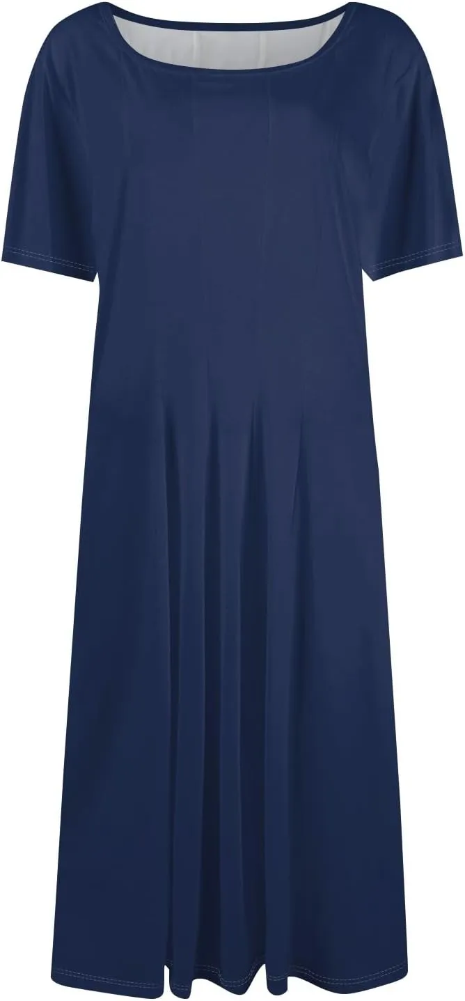 Shirt Dresses for Women Midi Ruched Summer Short Sleeve Crewneck Dress Cocktail A Line Dresses with Side Pocket Dress