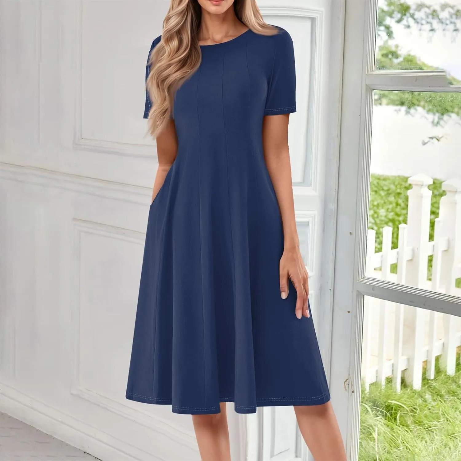 Shirt Dresses for Women Midi Ruched Summer Short Sleeve Crewneck Dress Cocktail A Line Dresses with Side Pocket Dress