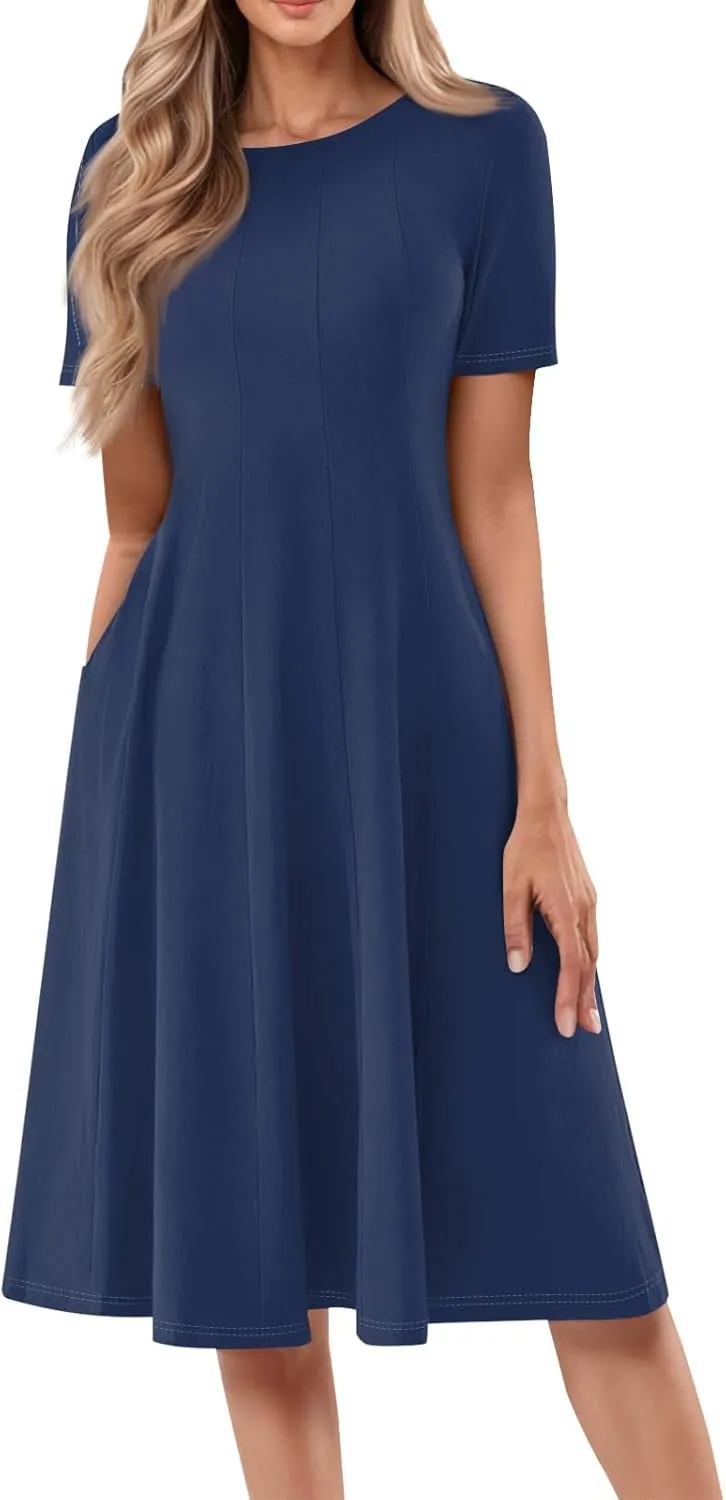 Shirt Dresses for Women Midi Ruched Summer Short Sleeve Crewneck Dress Cocktail A Line Dresses with Side Pocket Dress