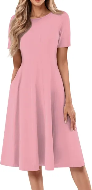 Shirt Dresses for Women Midi Ruched Summer Short Sleeve Crewneck Dress Cocktail A Line Dresses with Side Pocket Dress