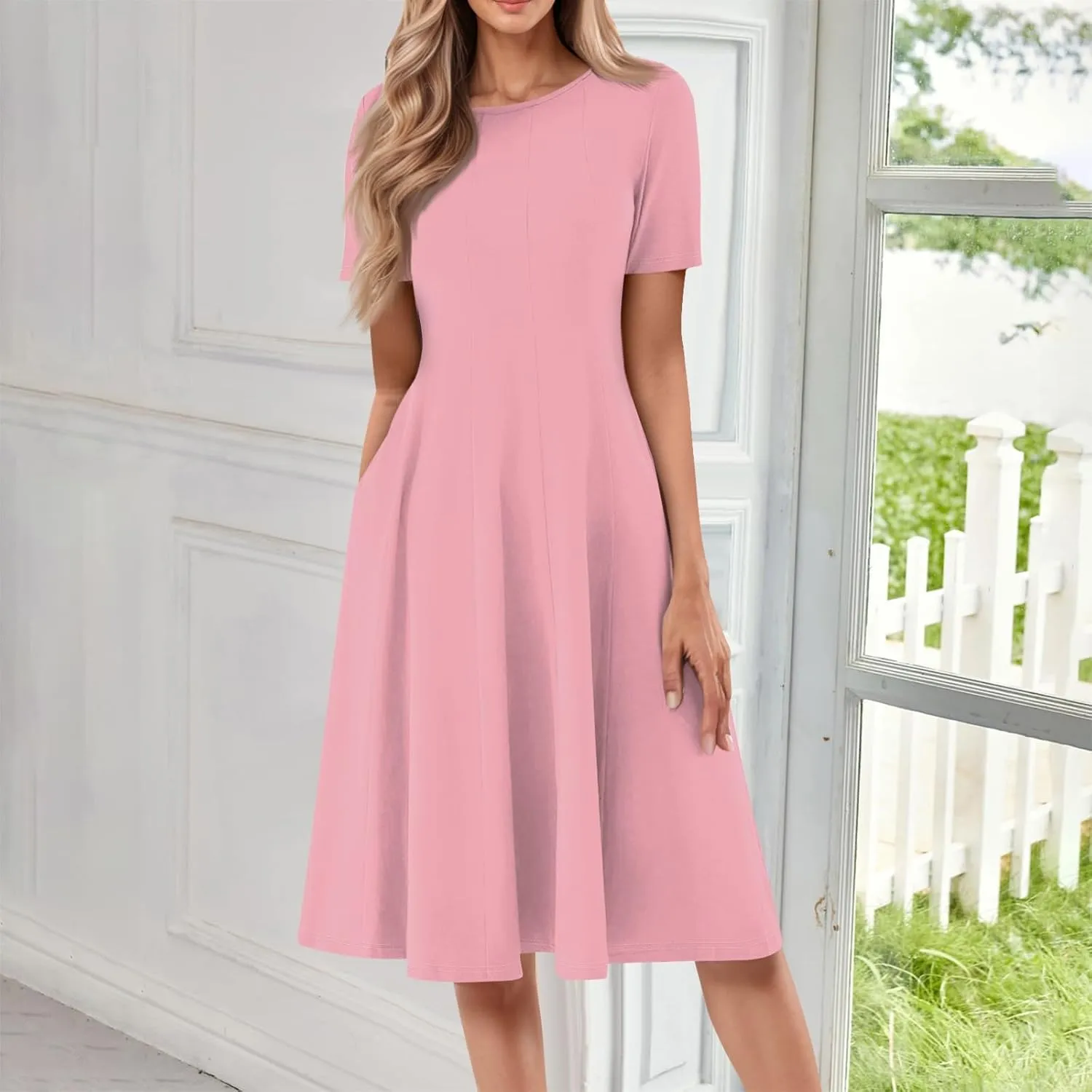 Shirt Dresses for Women Midi Ruched Summer Short Sleeve Crewneck Dress Cocktail A Line Dresses with Side Pocket Dress