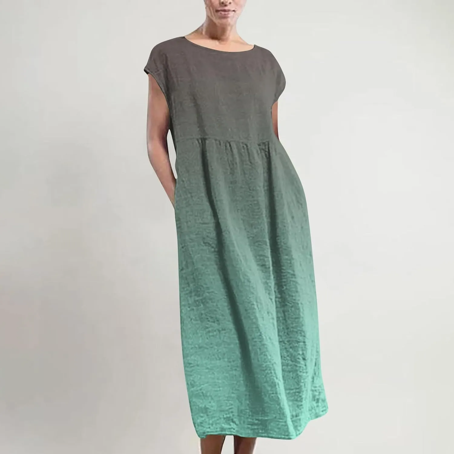TANGNADE Plus Size Cotton Linen Dresses for Women Short Sleeve Summer Maxi Dress with Pockets Flowy Vacation Dresses