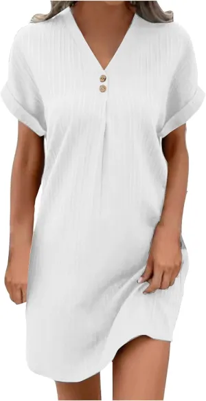 TARIENDY Womens Short Sleeve Dress Loose Fit V Neck Dresses Casual Summer Comfy Sundress Plain Beach Vacation Outfits 2025
