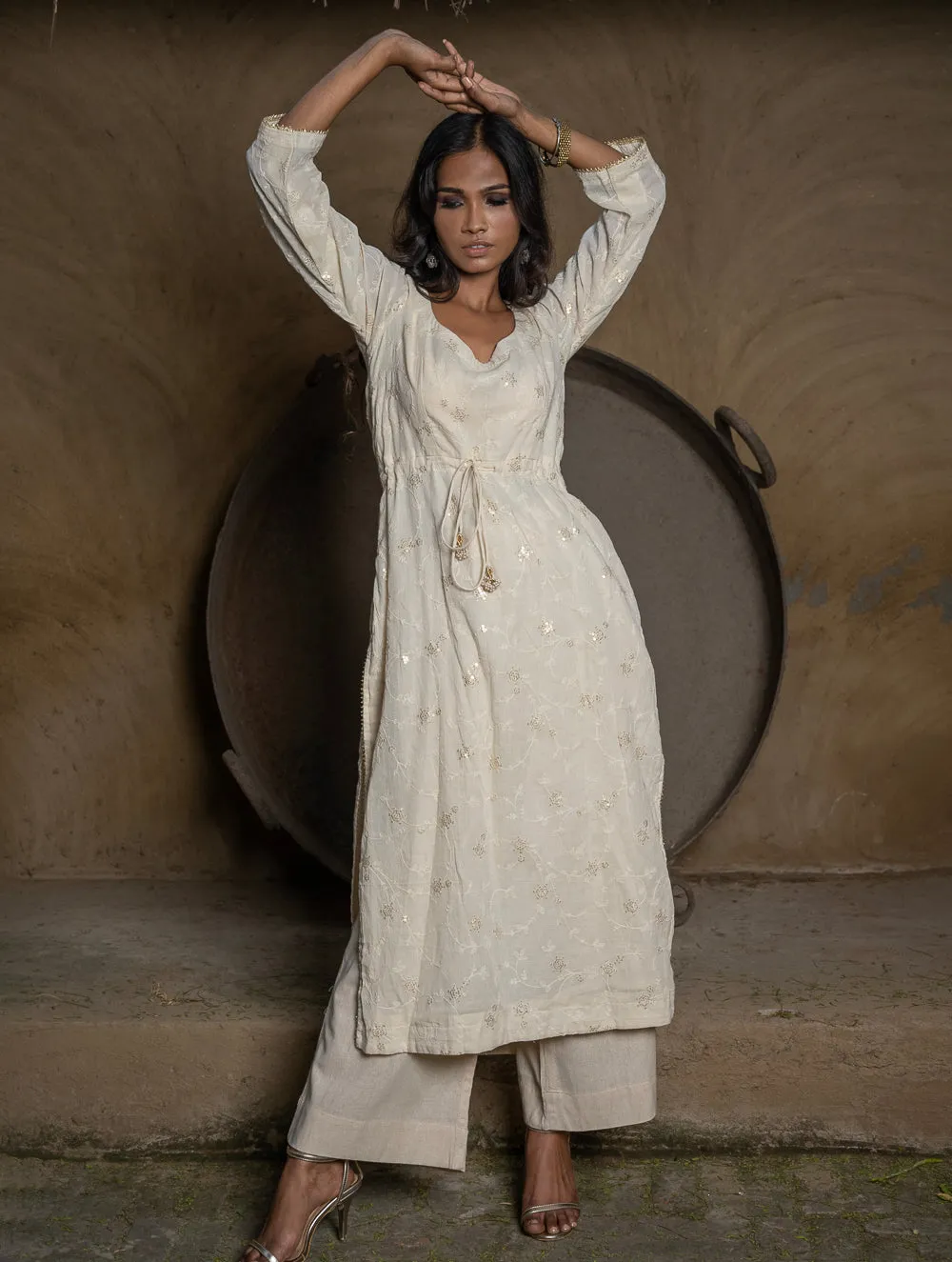 Versatile Sequinned Kurta & Palazzzo Set - Cream Elegance