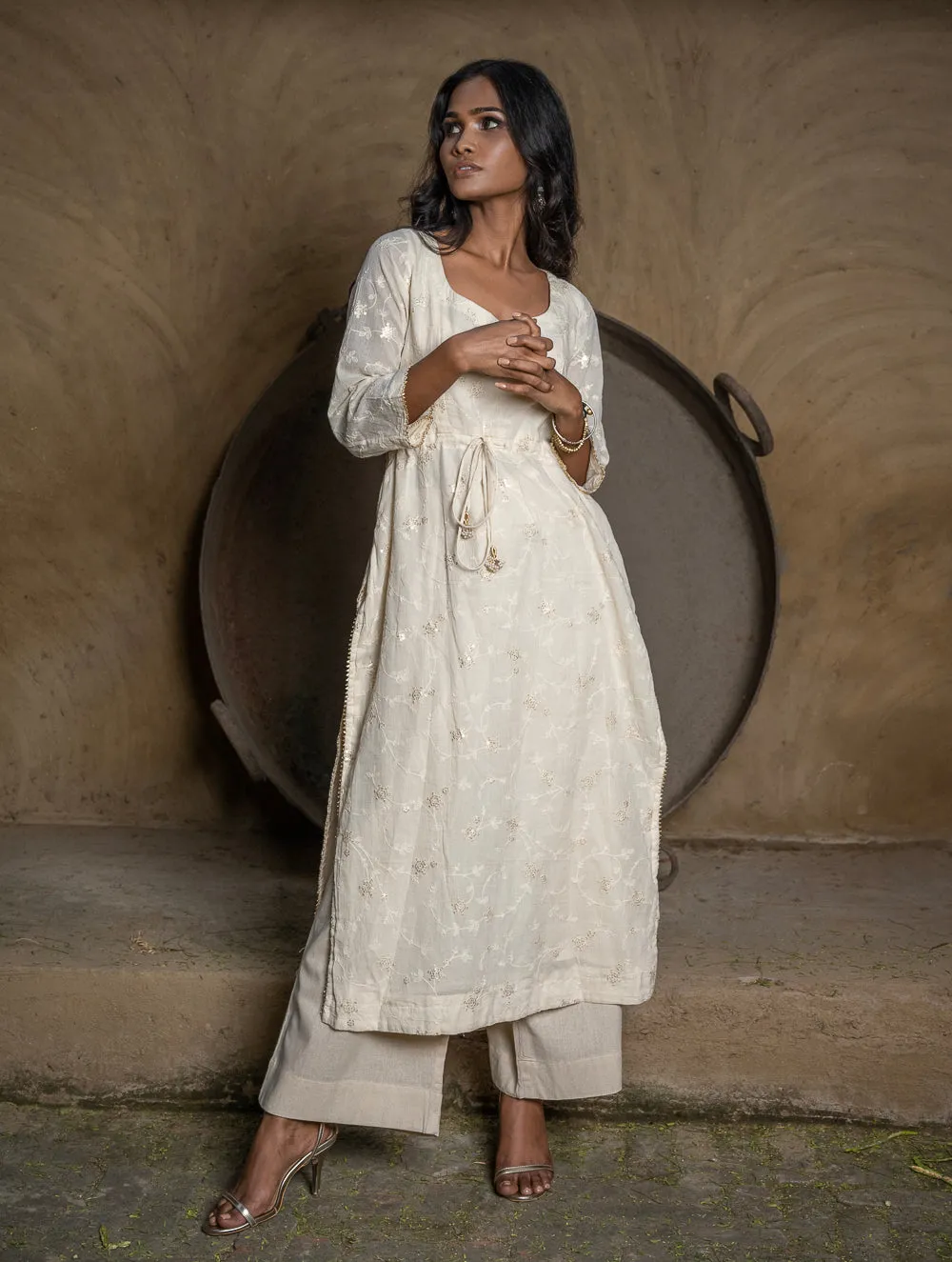Versatile Sequinned Kurta & Palazzzo Set - Cream Elegance