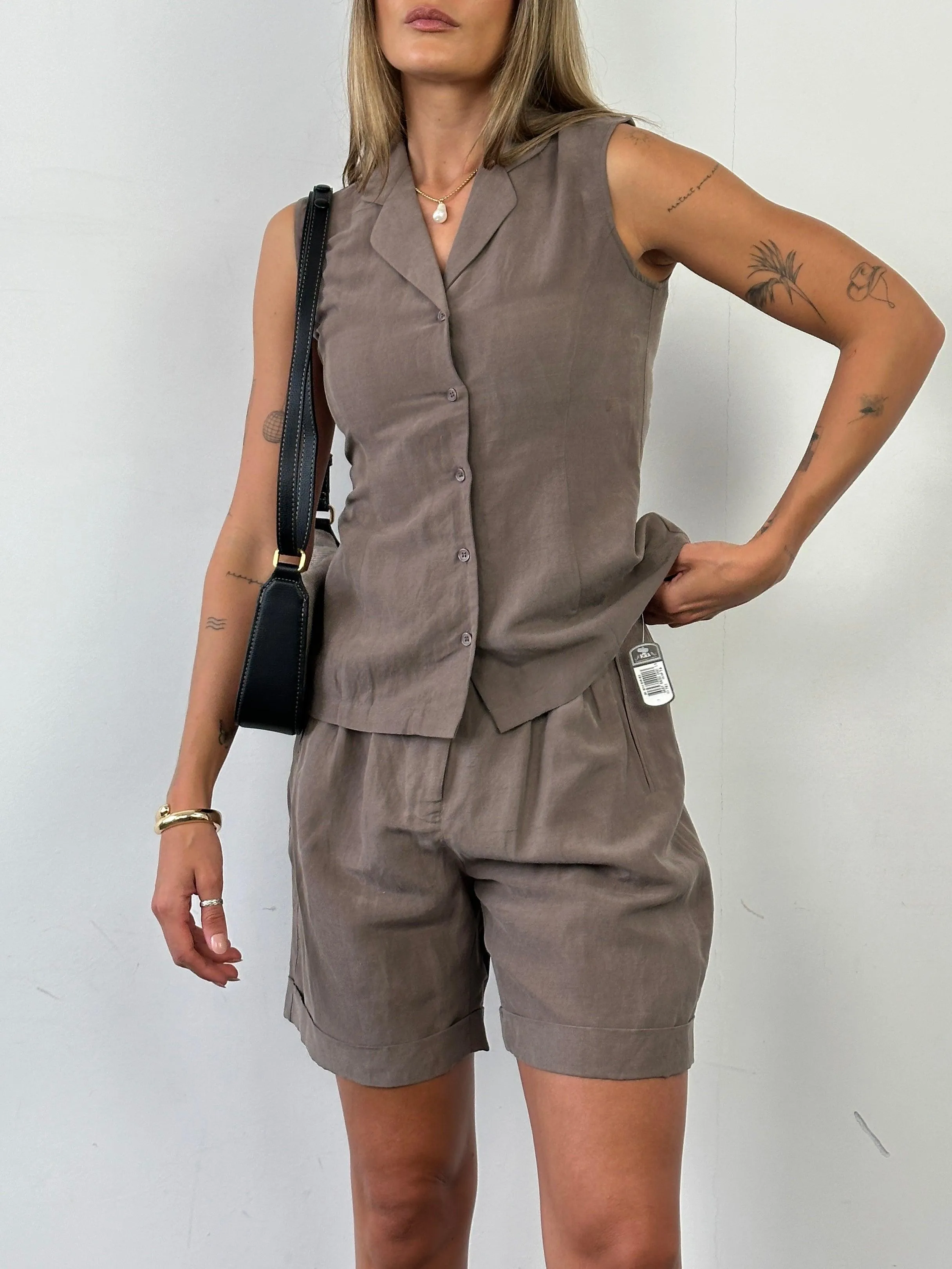 Vintage Silk Linen Waistcoat Shorts Two Piece Suit Set - S W26