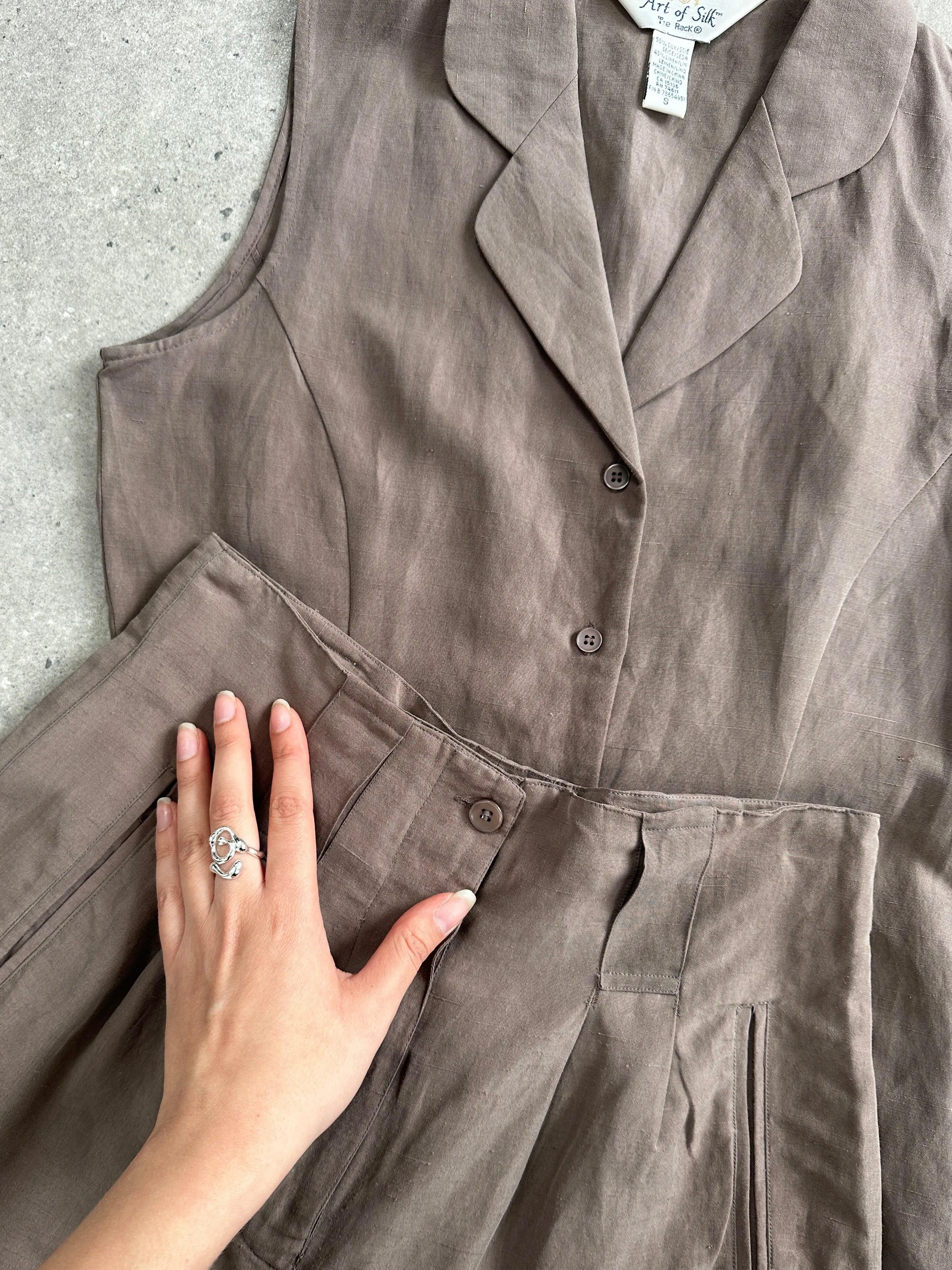 Vintage Silk Linen Waistcoat Shorts Two Piece Suit Set - S W26