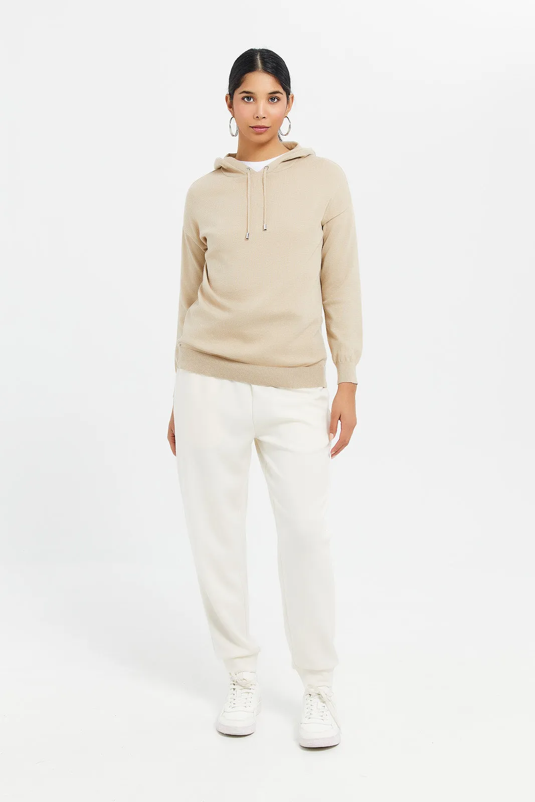 Women Beige Hooded Pullover
