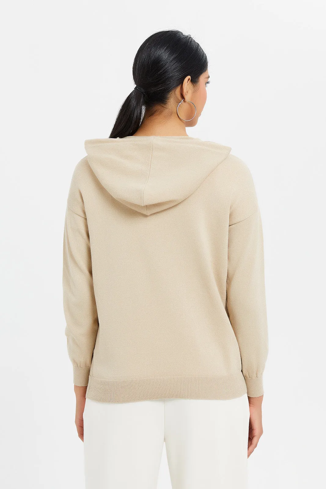 Women Beige Hooded Pullover