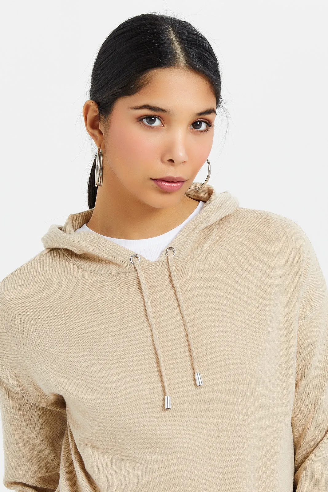 Women Beige Hooded Pullover