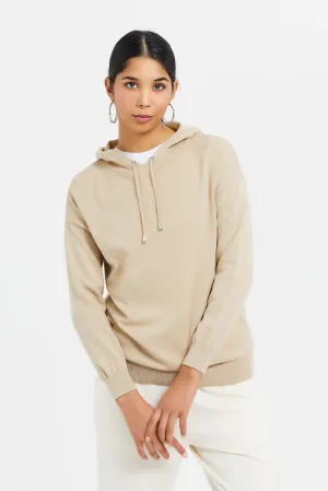 Women Beige Hooded Pullover