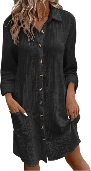Women Button Down Dress Loose Summer Cotton Linen Dresses Casual Short Sleeve Tunic Dress 2025 Linen Dress Women