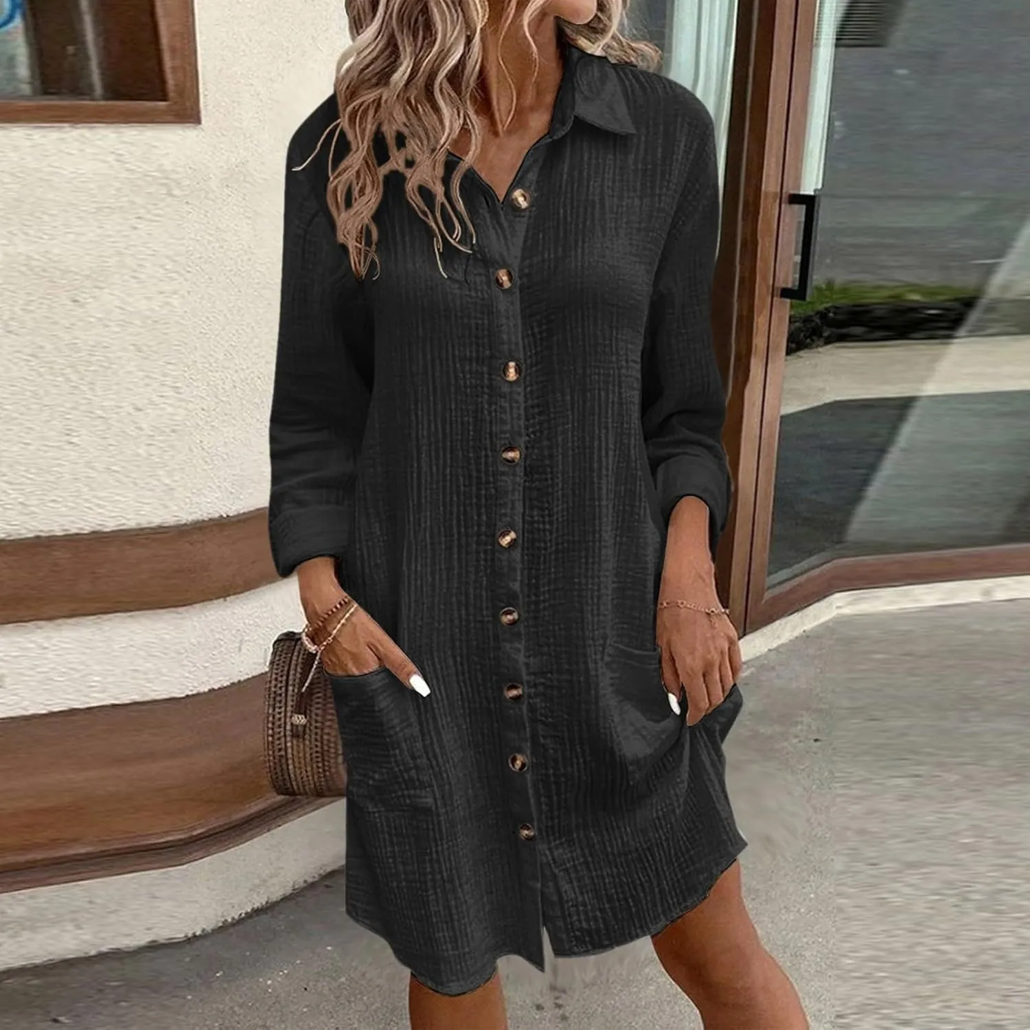 Women Button Down Dress Loose Summer Cotton Linen Dresses Casual Short Sleeve Tunic Dress 2025 Linen Dress Women