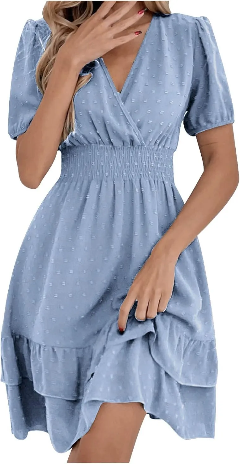 Womens 2023 Spring Summer Dress Deep V Neck Lantern Sleeve Club Party Dress Polka Dot Ruffle Hem Mini Beach Dresses