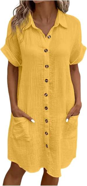 Womens Button Down Shirt Dress Summer Cotton Linen Dress V-Neck Mini Dress Casual Short Sleeve Loose Tunic Dresses