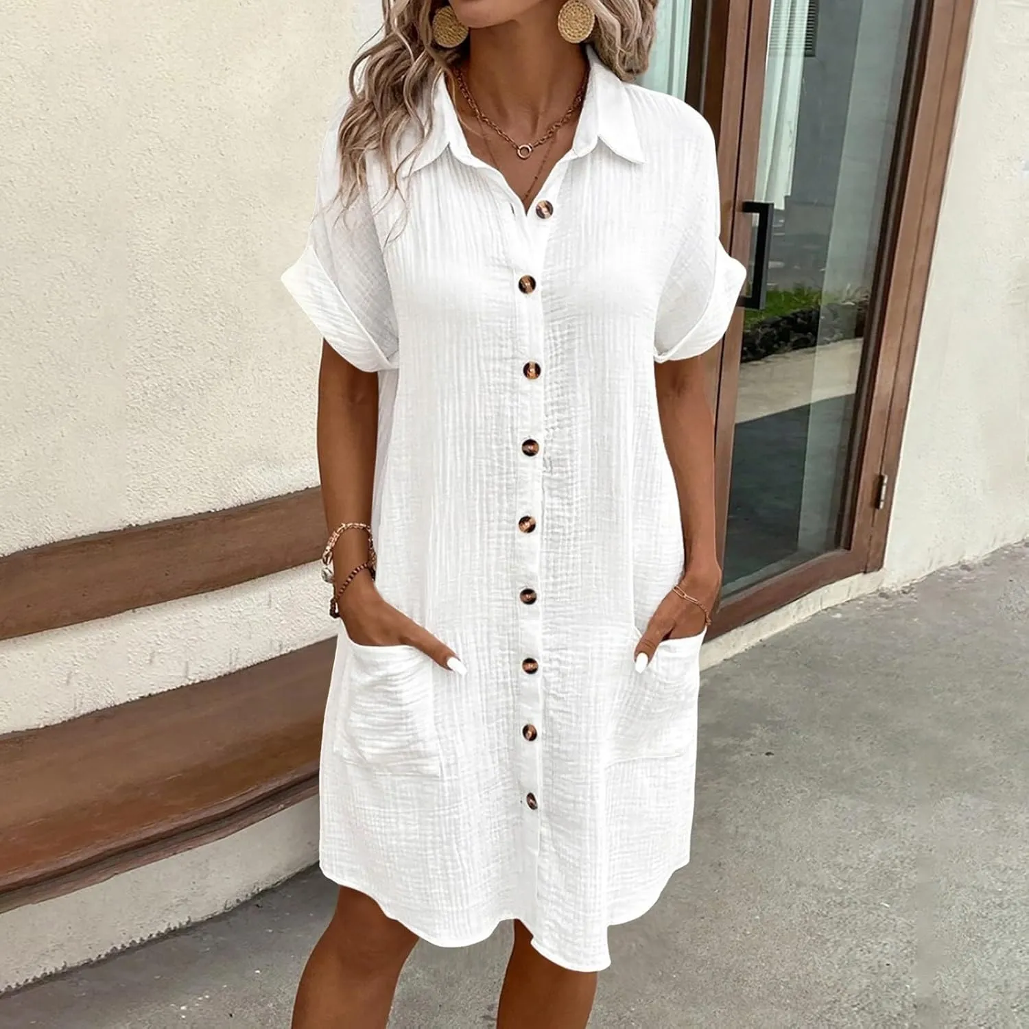 Womens Button Down Shirt Dress Summer Cotton Linen Dress V-Neck Mini Dress Casual Short Sleeve Loose Tunic Dresses