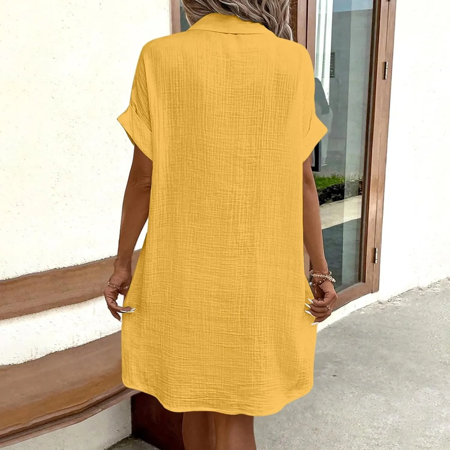 Womens Button Down Shirt Dress Summer Cotton Linen Dress V-Neck Mini Dress Casual Short Sleeve Loose Tunic Dresses