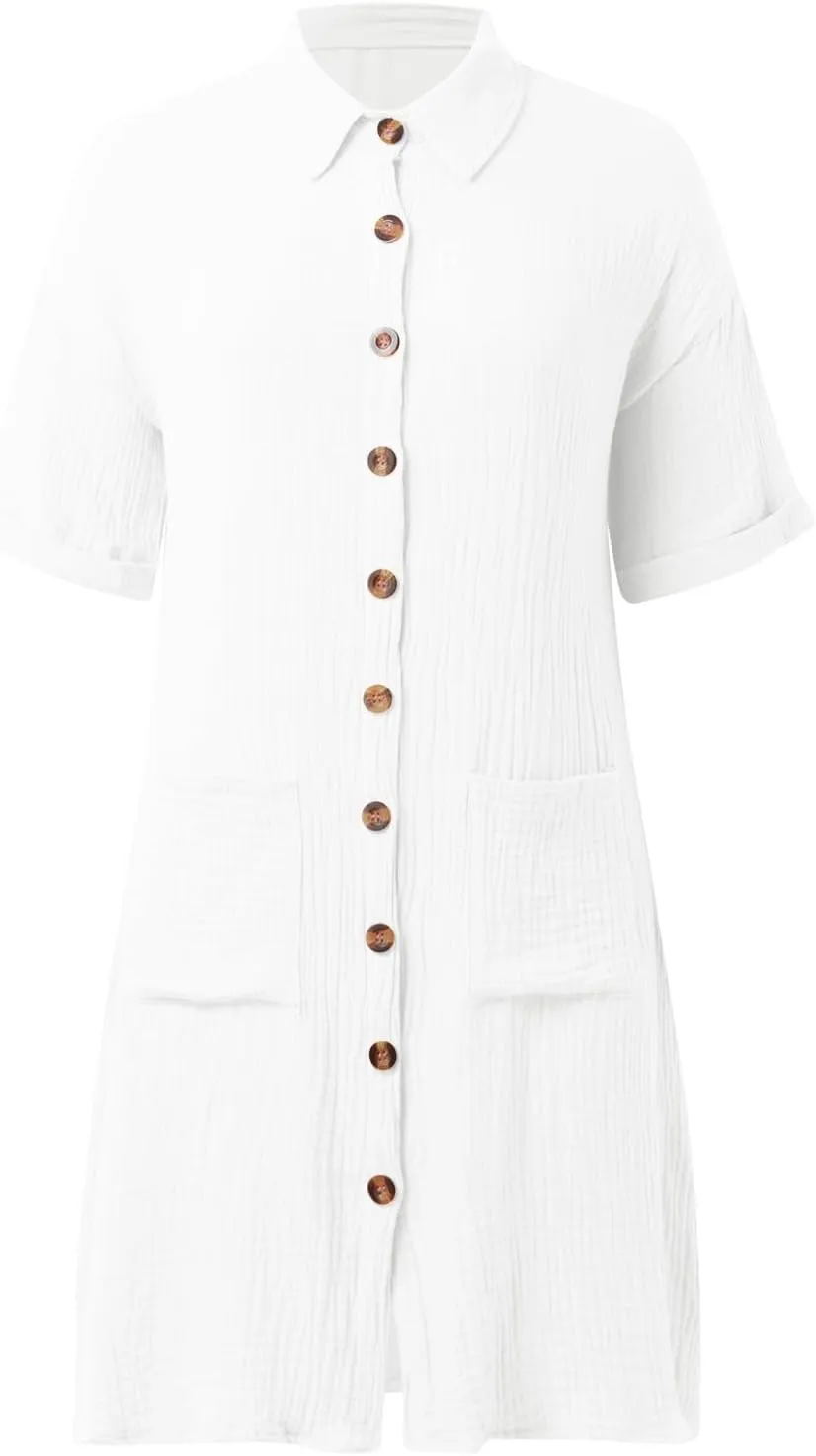 Womens Button Down Shirt Dress Summer Cotton Linen Dress V-Neck Mini Dress Casual Short Sleeve Loose Tunic Dresses