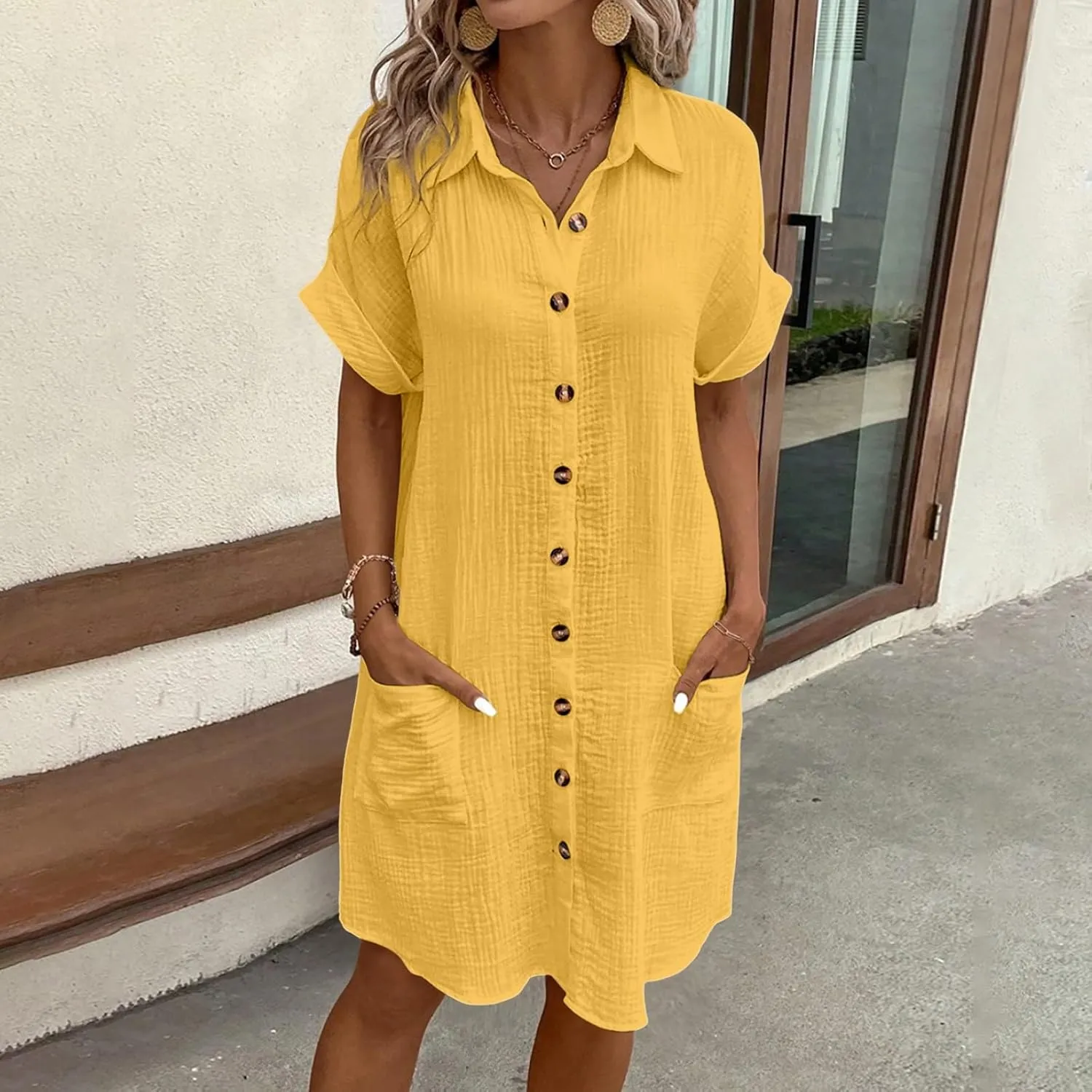 Womens Button Down Shirt Dress Summer Cotton Linen Dress V-Neck Mini Dress Casual Short Sleeve Loose Tunic Dresses