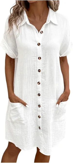Womens Button Down Shirt Dress Summer Cotton Linen Dress V-Neck Mini Dress Casual Short Sleeve Loose Tunic Dresses