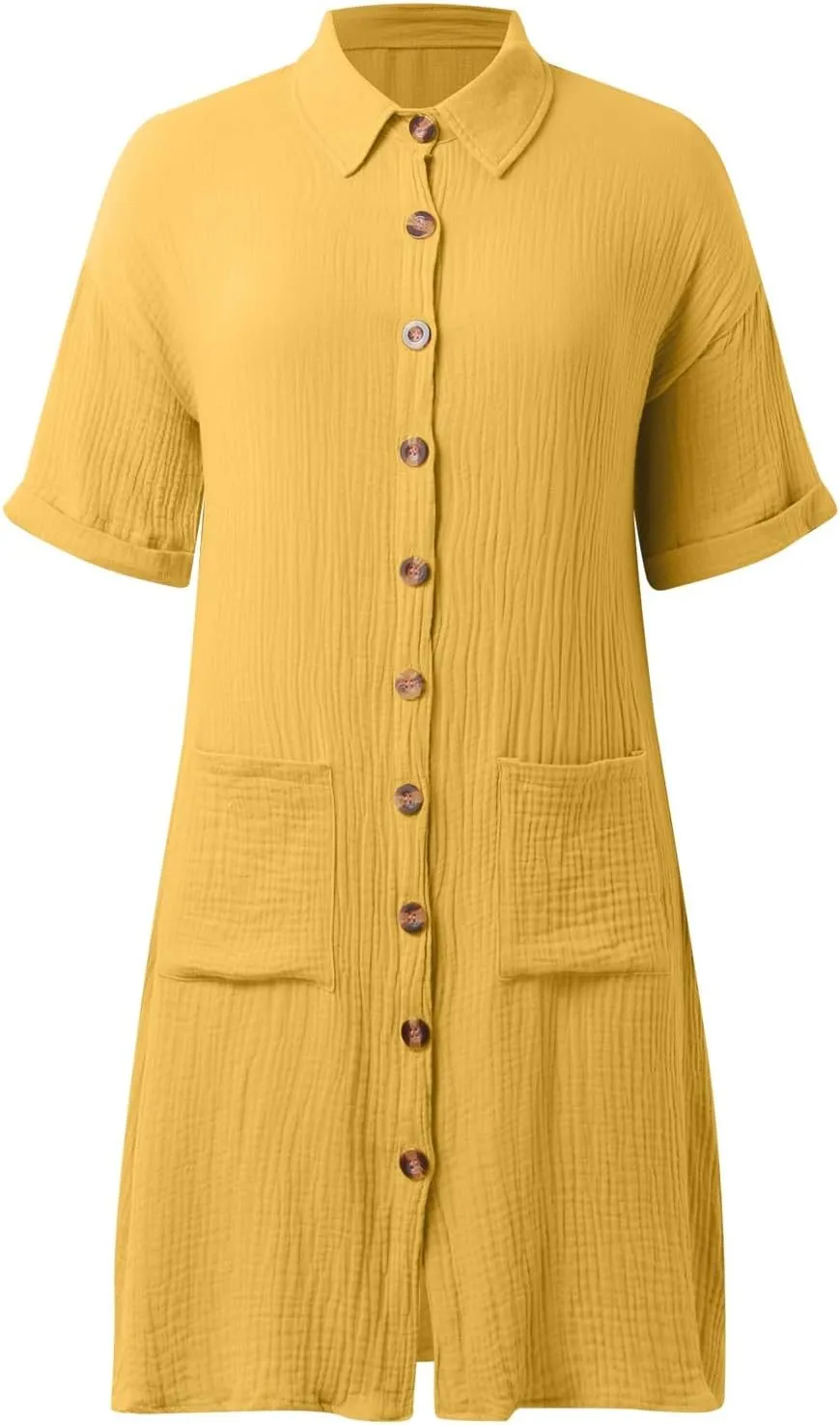 Womens Button Down Shirt Dress Summer Cotton Linen Dress V-Neck Mini Dress Casual Short Sleeve Loose Tunic Dresses