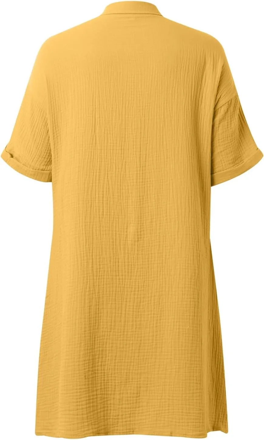 Womens Button Down Shirt Dress Summer Cotton Linen Dress V-Neck Mini Dress Casual Short Sleeve Loose Tunic Dresses