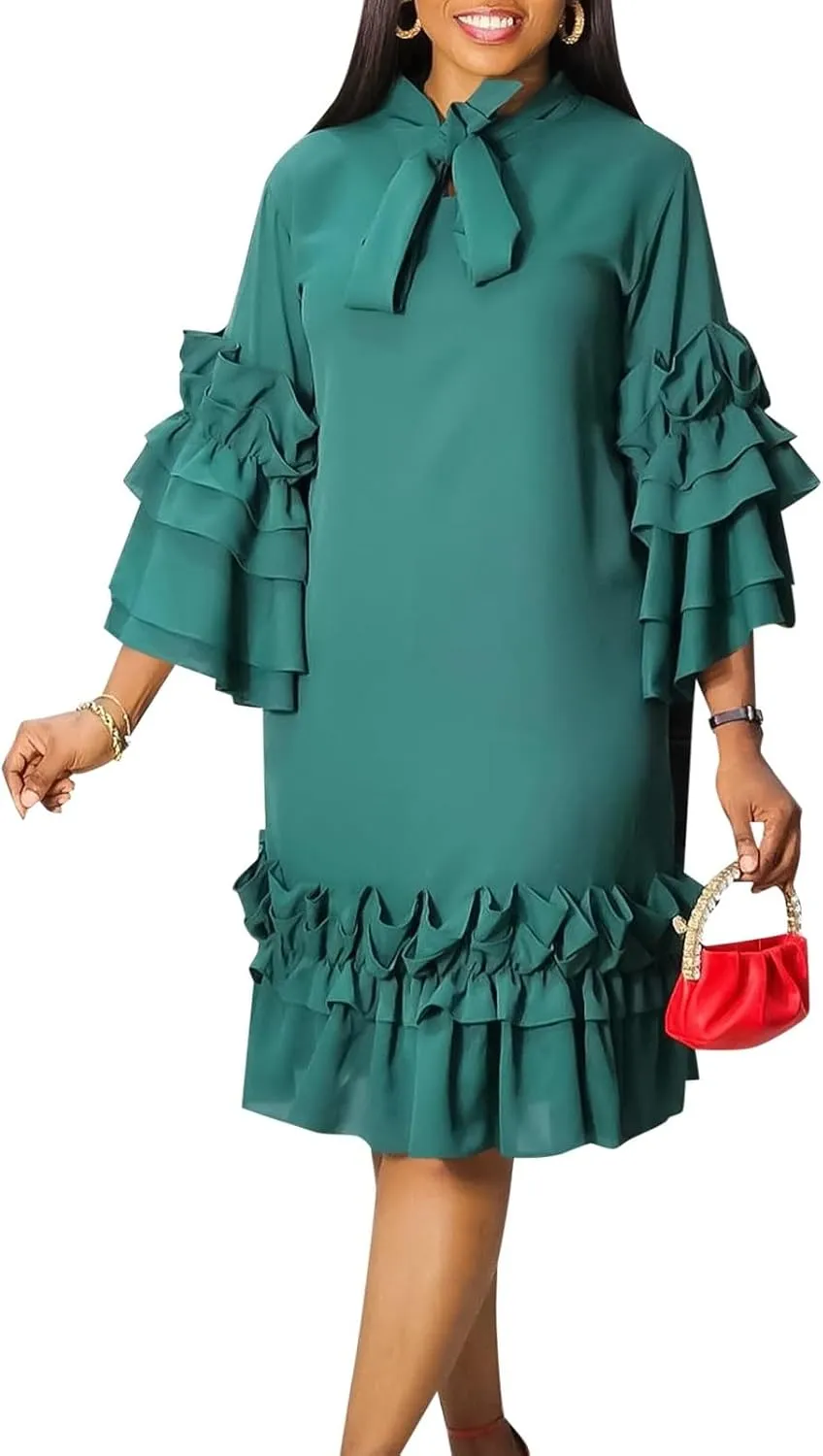 Women's Fashion Casual Ruffle Hem Flare Sleeve Plus Size Maxi Dress Petite Dresses for Women