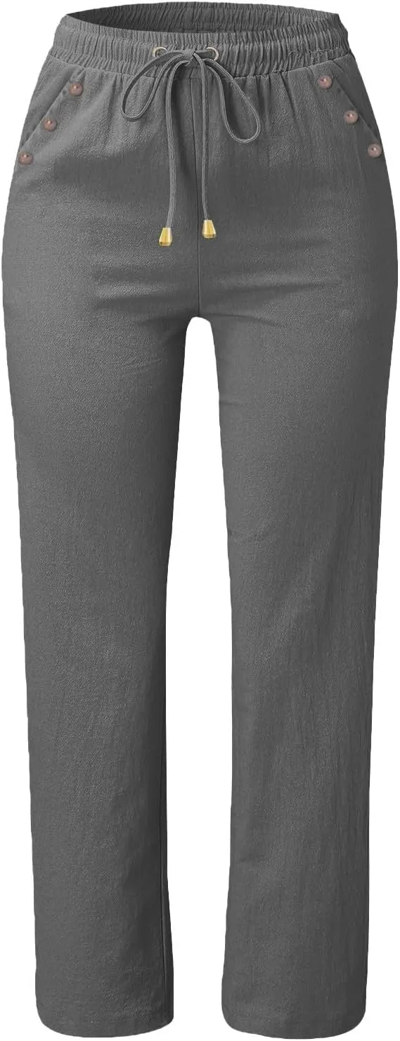 Womens Linen Pants Drawstring High Waisted Relaxed Fit Dress Pants Comfy Straight Leg Work Pants with Pockets