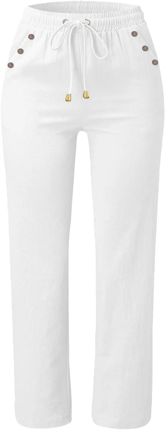 Womens Linen Pants Drawstring High Waisted Relaxed Fit Dress Pants Comfy Straight Leg Work Pants with Pockets
