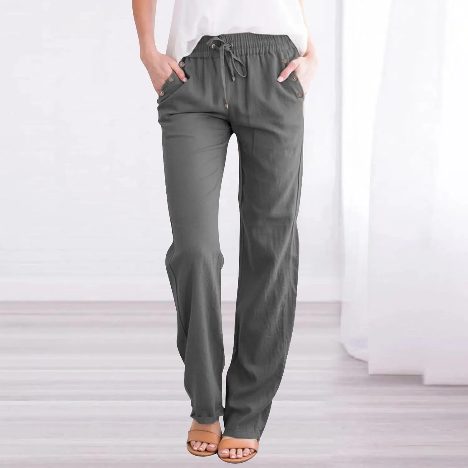 Womens Linen Pants Drawstring High Waisted Relaxed Fit Dress Pants Comfy Straight Leg Work Pants with Pockets