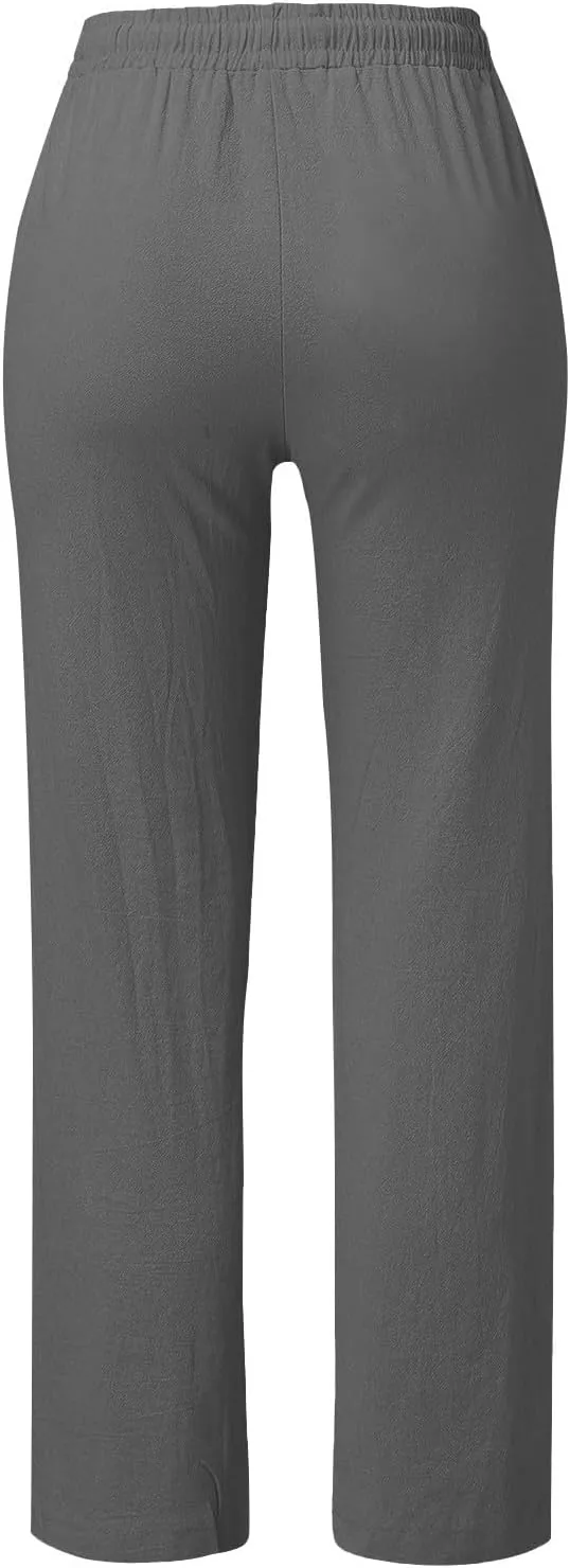 Womens Linen Pants Drawstring High Waisted Relaxed Fit Dress Pants Comfy Straight Leg Work Pants with Pockets