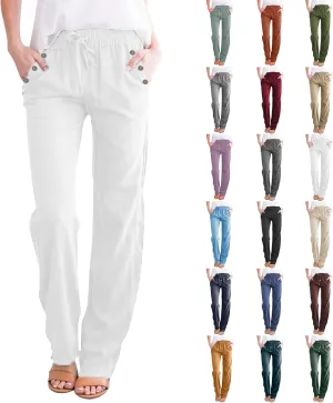 Womens Linen Pants Drawstring High Waisted Relaxed Fit Dress Pants Comfy Straight Leg Work Pants with Pockets