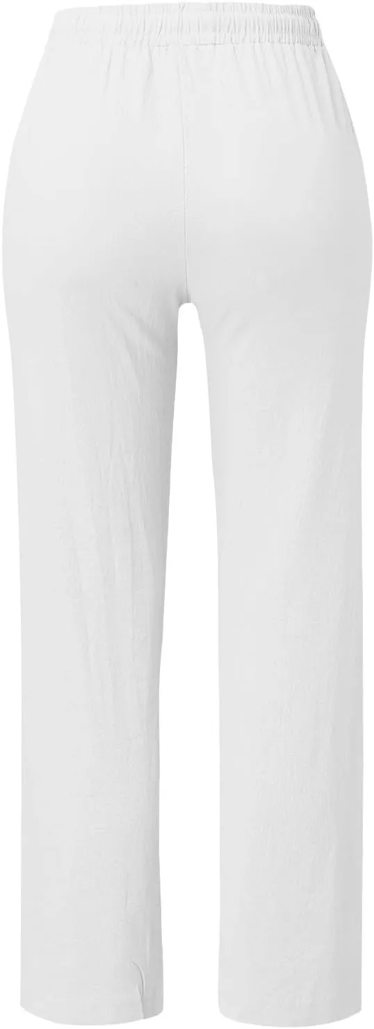 Womens Linen Pants Drawstring High Waisted Relaxed Fit Dress Pants Comfy Straight Leg Work Pants with Pockets