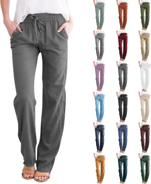 Womens Linen Pants Drawstring High Waisted Relaxed Fit Dress Pants Comfy Straight Leg Work Pants with Pockets