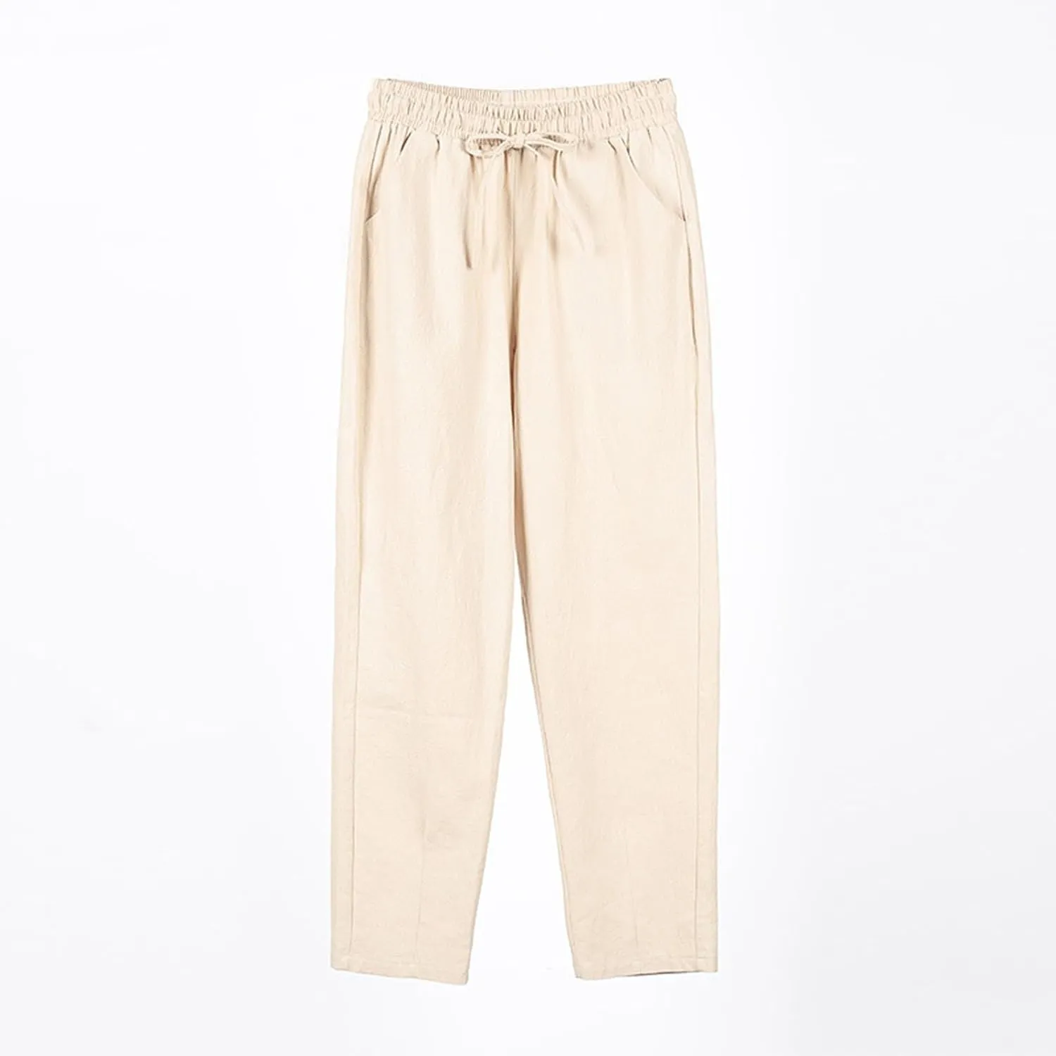 Womens Linen Pants Straight Leg Elastic Drawstring Casual Loose Trousers Summer Beach Lounge Pants with Pockets