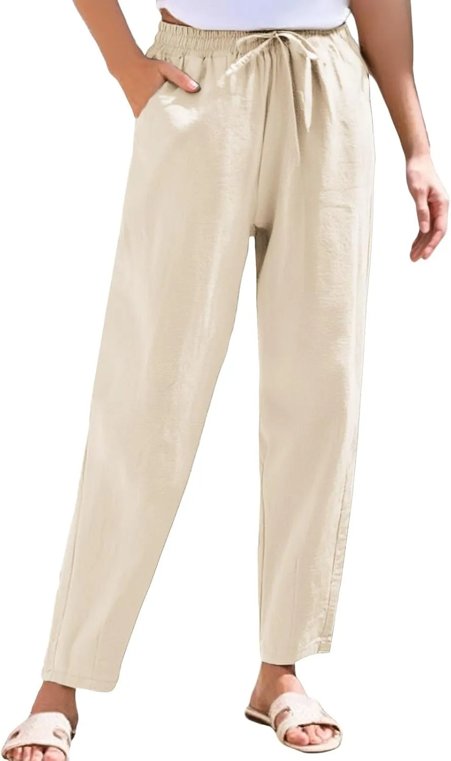Womens Linen Pants Straight Leg Elastic Drawstring Casual Loose Trousers Summer Beach Lounge Pants with Pockets
