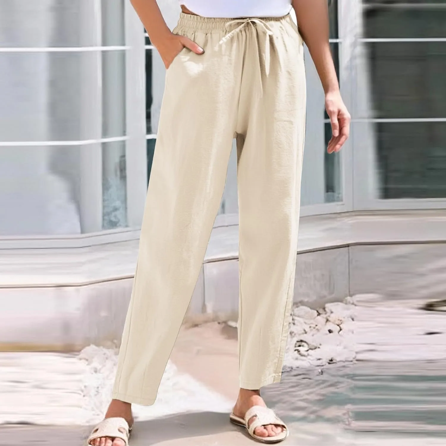 Womens Linen Pants Straight Leg Elastic Drawstring Casual Loose Trousers Summer Beach Lounge Pants with Pockets