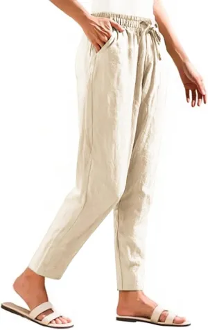 Womens Linen Pants Straight Leg Elastic Drawstring Casual Loose Trousers Summer Beach Lounge Pants with Pockets