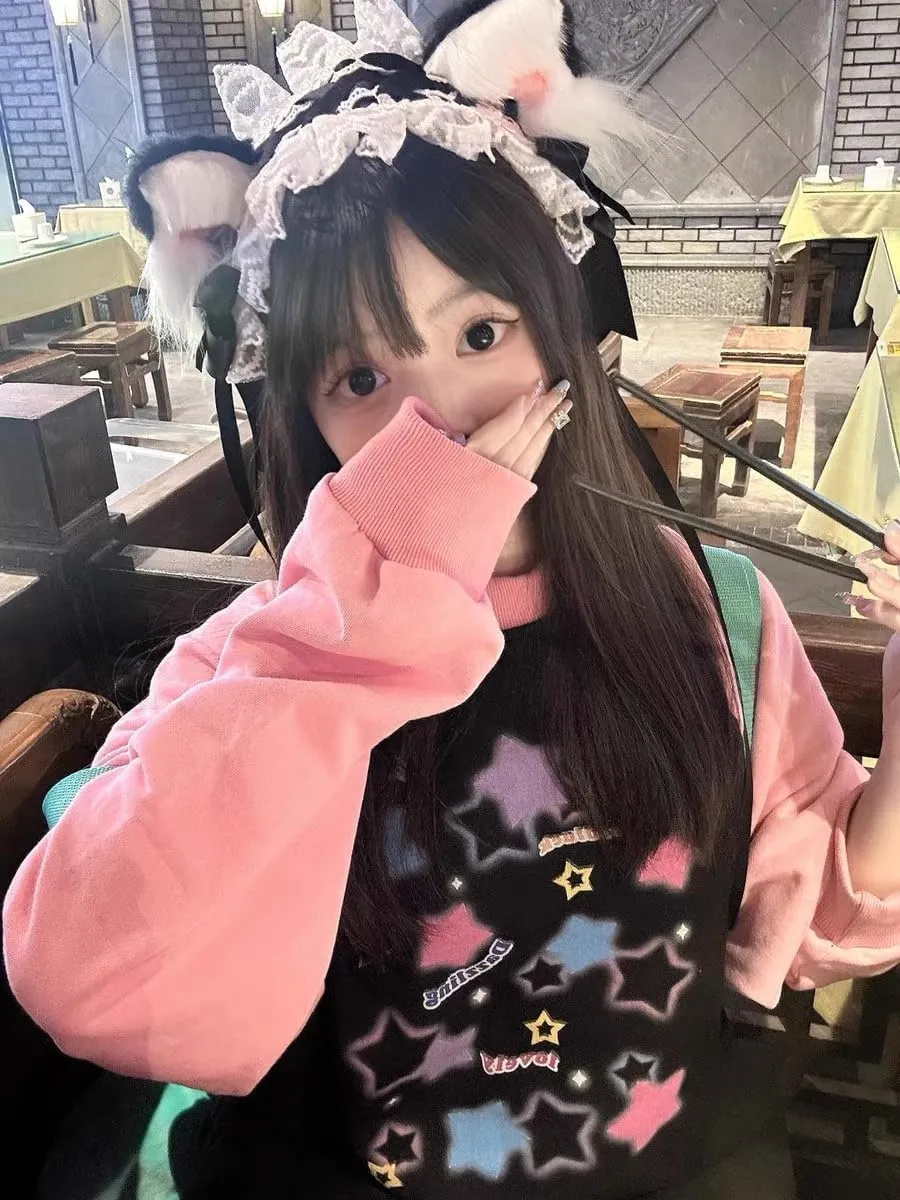 Womens Oversized Graphic Crewneck Sweatshirts y2k Star Print Long Sleeve Cute Sweatshirts for Teen Girls