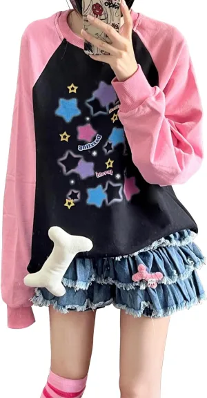 Womens Oversized Graphic Crewneck Sweatshirts y2k Star Print Long Sleeve Cute Sweatshirts for Teen Girls