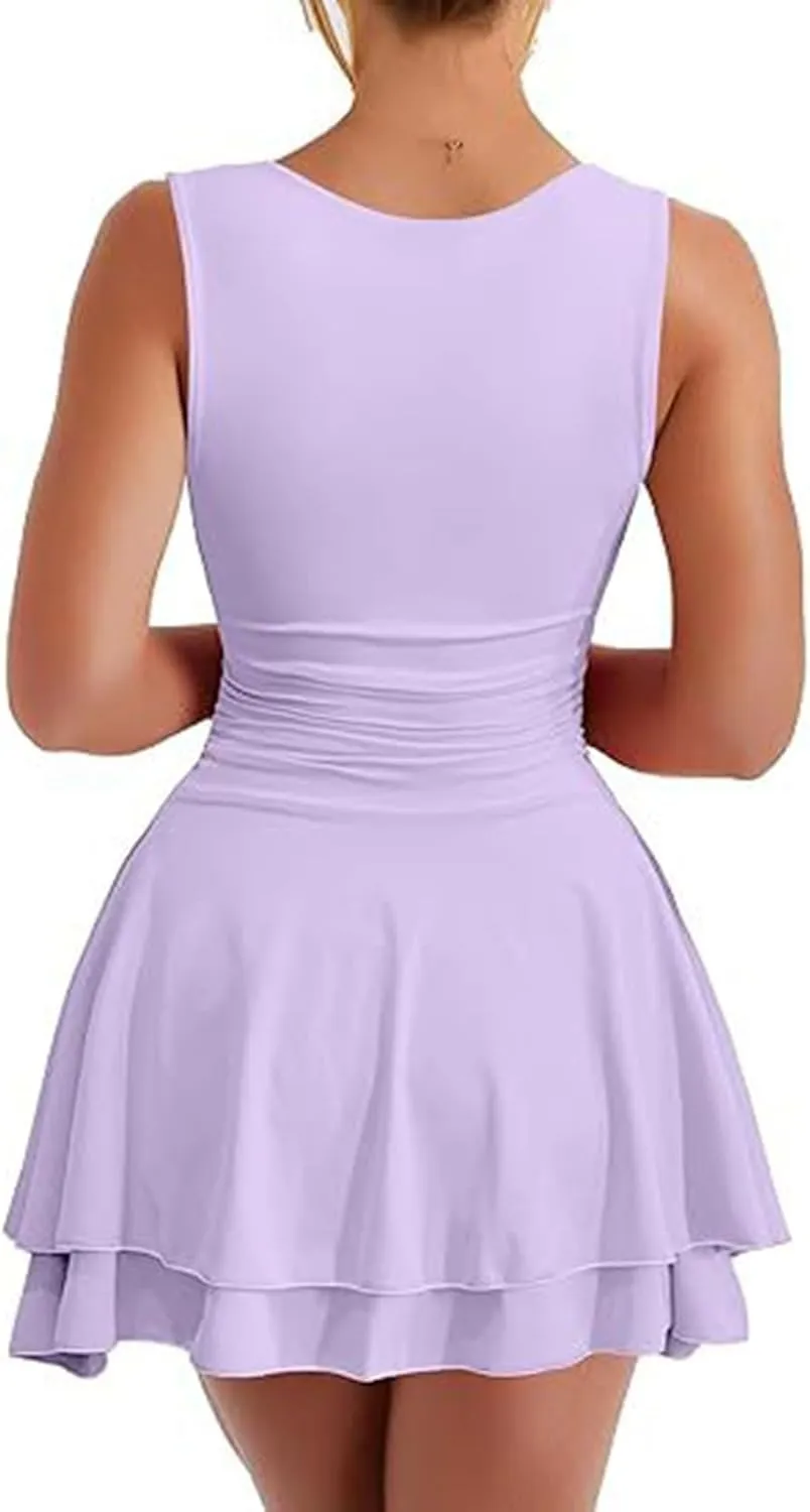 Women's Square Neck Sleeveless Dresses 2025 Summer Casual Ruffle Hem Ruched Waist Beach Party Mini Short Dress