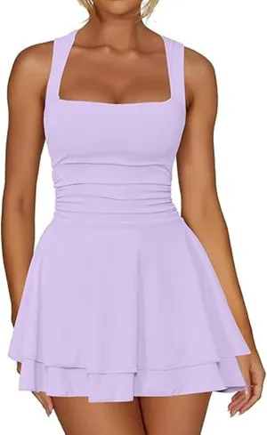 Women's Square Neck Sleeveless Dresses 2025 Summer Casual Ruffle Hem Ruched Waist Beach Party Mini Short Dress