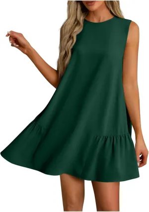 Womens Summer Dresses 2025 Casual Sleeveless Solid Color Dress Vacation Loose Round Neck Pleated Beach Sundress